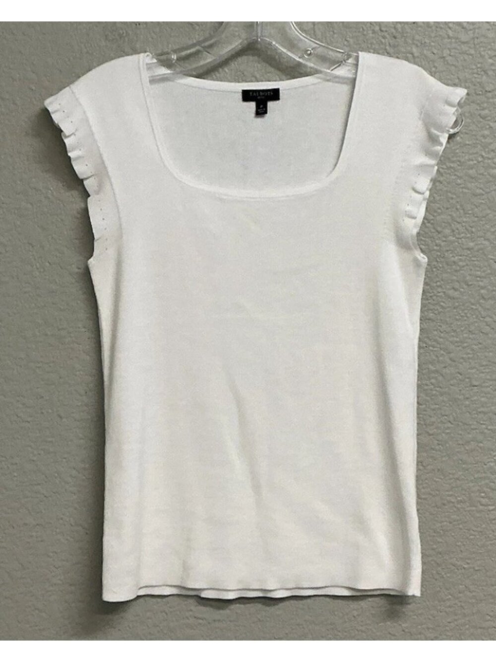 Talbots White Ruffle Square Neck Cotton Blend T-Shirt Top Women’s Size P Petite